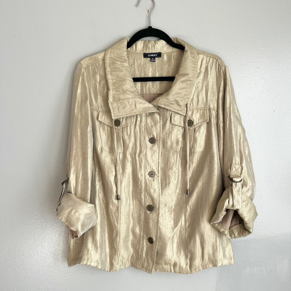Elementz Jacket Womens XL Gold Metallic Button Front Roll Tab Shimmer Glam Chic